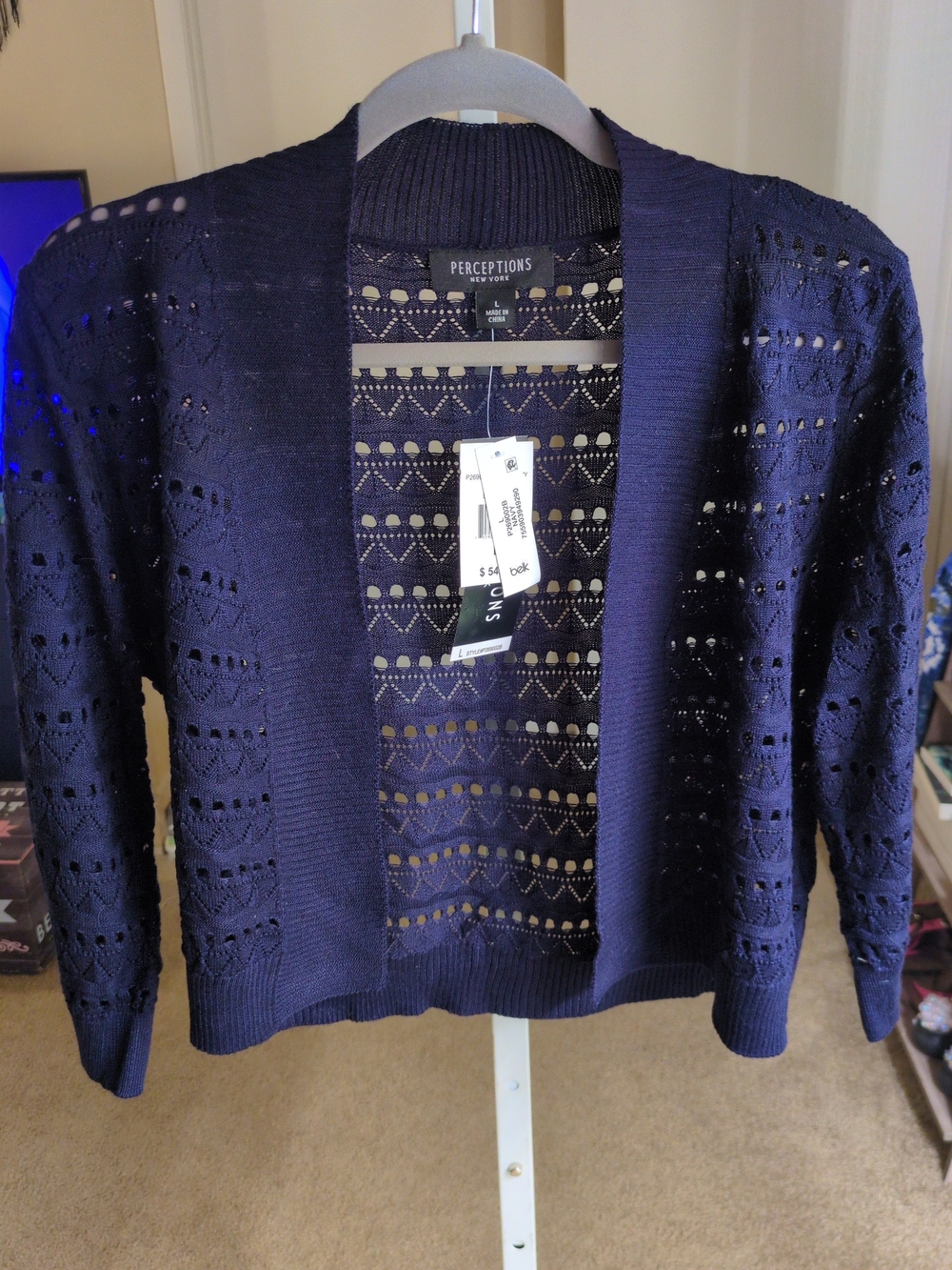 Perceptions Navy Openwork Cropped Cardigan in size L w/ a pointelle knit design
